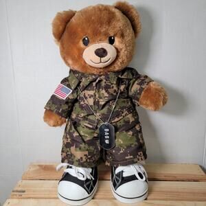 BAB Brown Bear in Green Camo Outfit, Dog Tags and Sneakers - With Tag